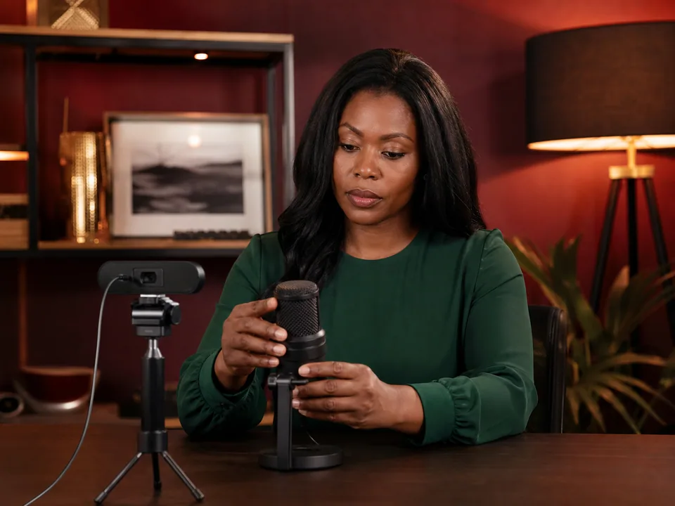 Adult creator adjusting a studio microphone