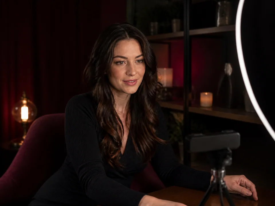 Adult creator checking a webcam in a warmly lit home studio